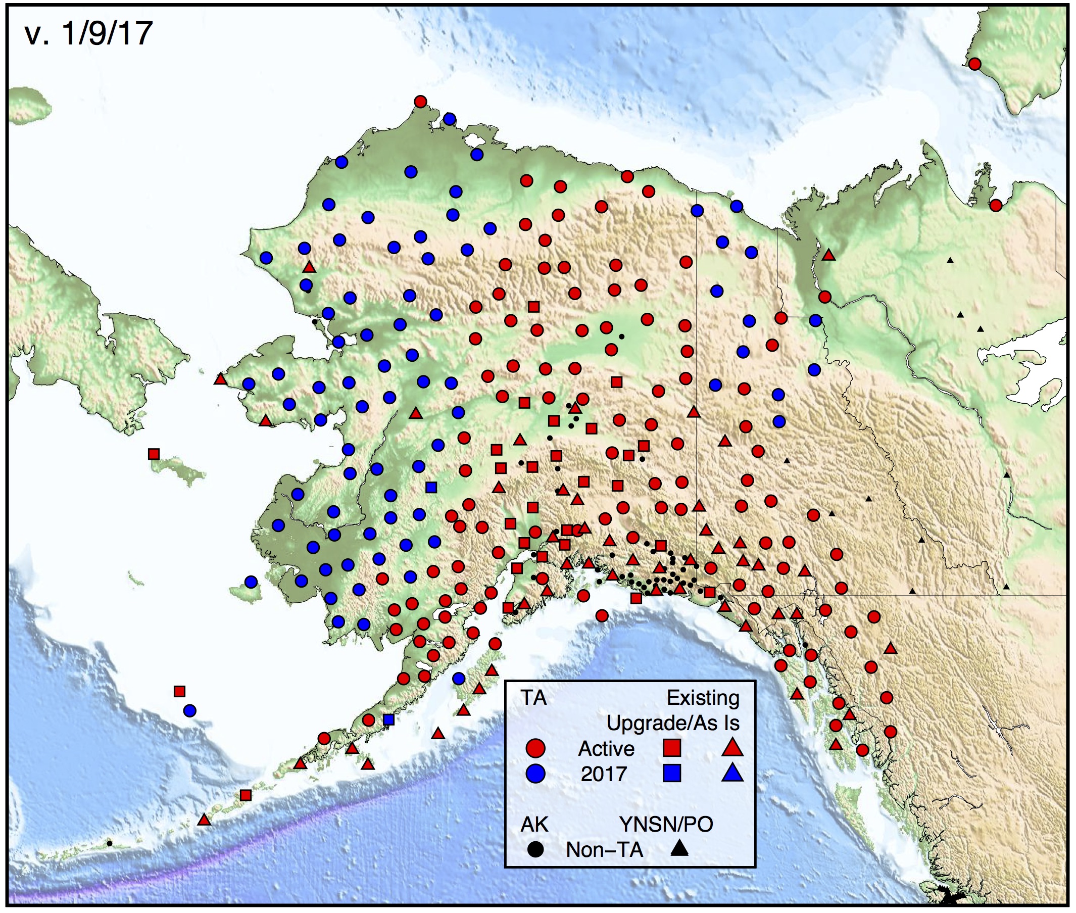 Planned TA Deployments by Year. "TA" sites (circles) are new seismic stations, and "Existing" sites are either upgraded (squares) or as-is (triangles) contributing seismic stations. For current map see www.usarray.org/Alaska Figure credit: Kasey Aderhold