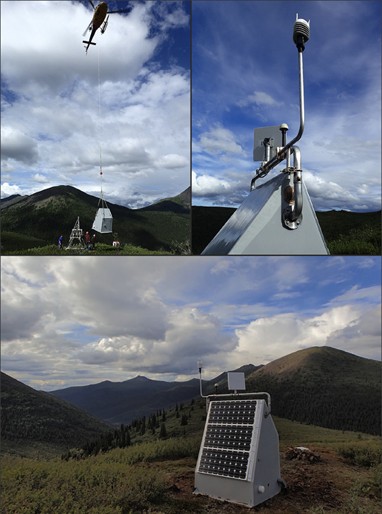 Typical autonomous Alaska TA station set-up: M29M construction (top left), mounted Vaisala weather sensor (top right), and final station exterior (bottom). (Photo credit: Jeremy Miner)