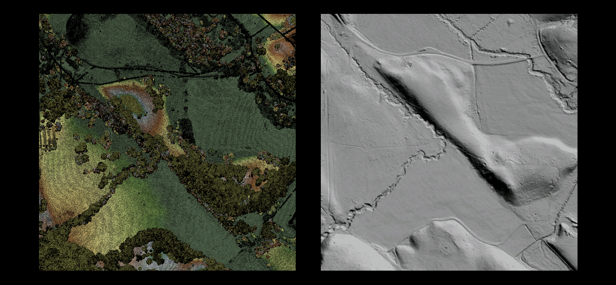 Lidar data shown as vegetated landscape and as hillshade (bare surface).