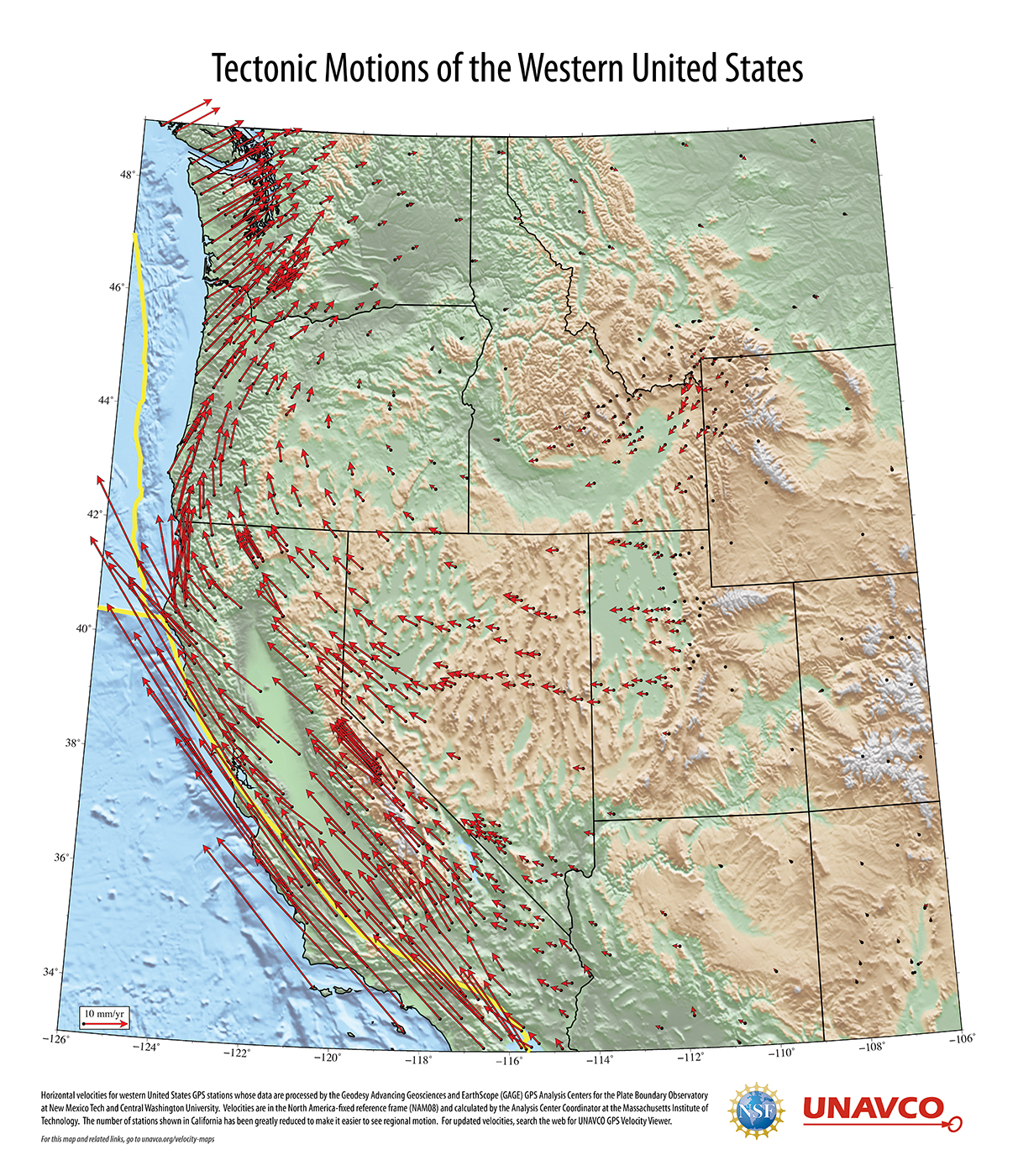 PBO map of tectonic movement of US