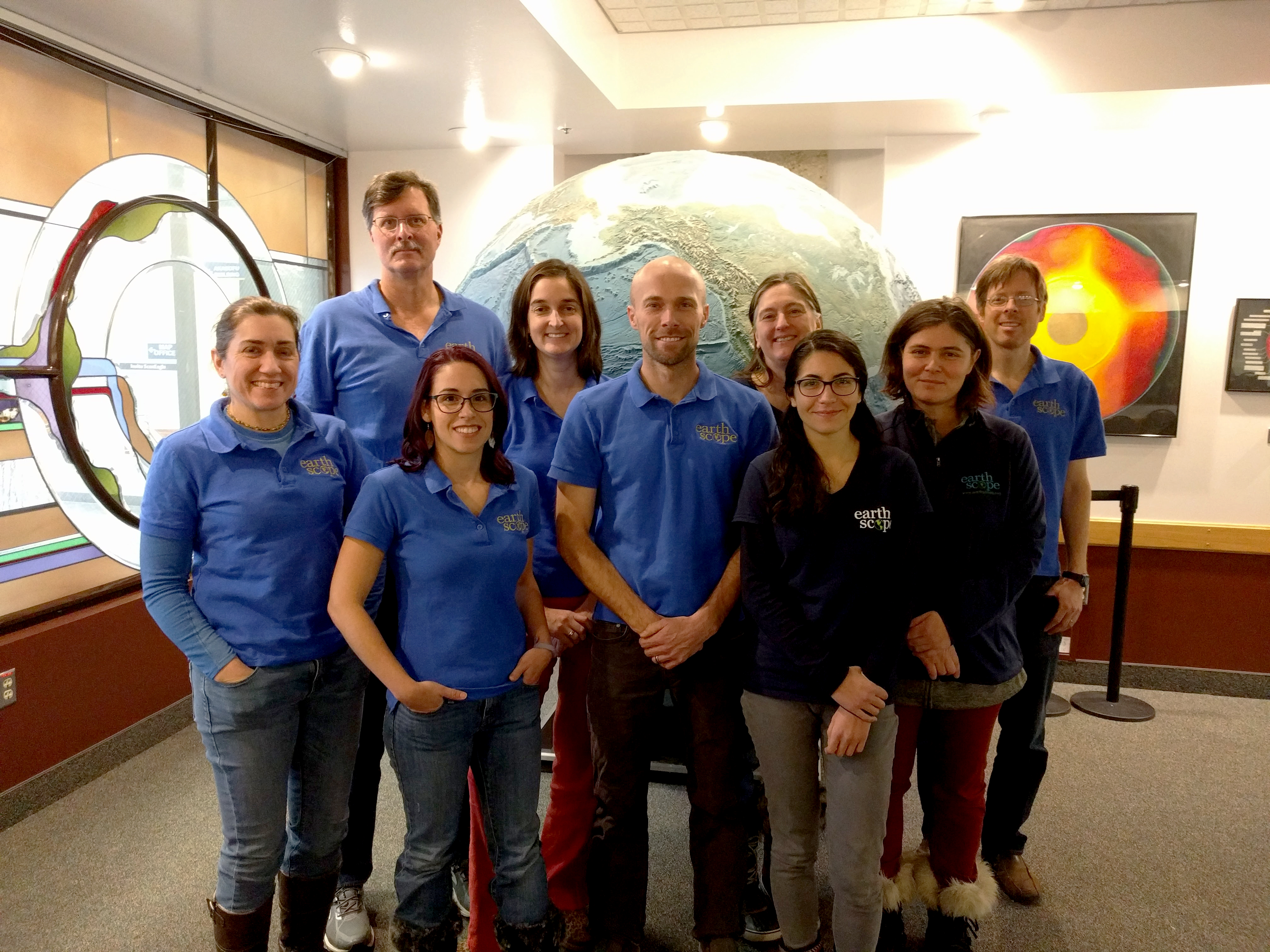 Staff of the ESNO at the University of Alaska Fairbanks; back row (L to R): Beth Grassi, Jeff Freymueller, Elisabeth Nadin, Jessica Larsen, Carl Tape. Front row (L to R): Samantha Slease, David Fee, Veselina Yakimova and Maїté Agopian.