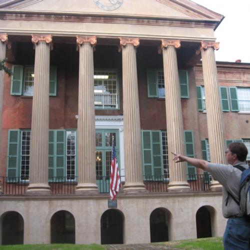 Dr. Steve Jaume pointing out earthquake damage on Randolph Hall at the College of Charleston for the EarthScope Southeastern Regional Interpretive Workshop in January 2013