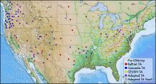 Location of broadband seismic stations operating in the continental US before EarthScope (white circles). The Transportable Array leaves behind 260 new “legacy” stations (all non-white circles).