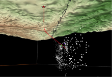 Looking up from below and northward along the San Andreas fault zone in the vicinity of the SAFOD core. The drill site, marked by a star, is projected on the green and tan ground surface. Multiple strands of the San Andreas fault are mapped with black lines. The red path of the main SAFOD line intersects the fault at depth, where numerous earthquakes (shown as white balls) happen continuously. (Image from L. Blair, U.S. Geological Survey)