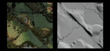 Lidar data shown as vegetated landscape and as hillshade (bare surface).